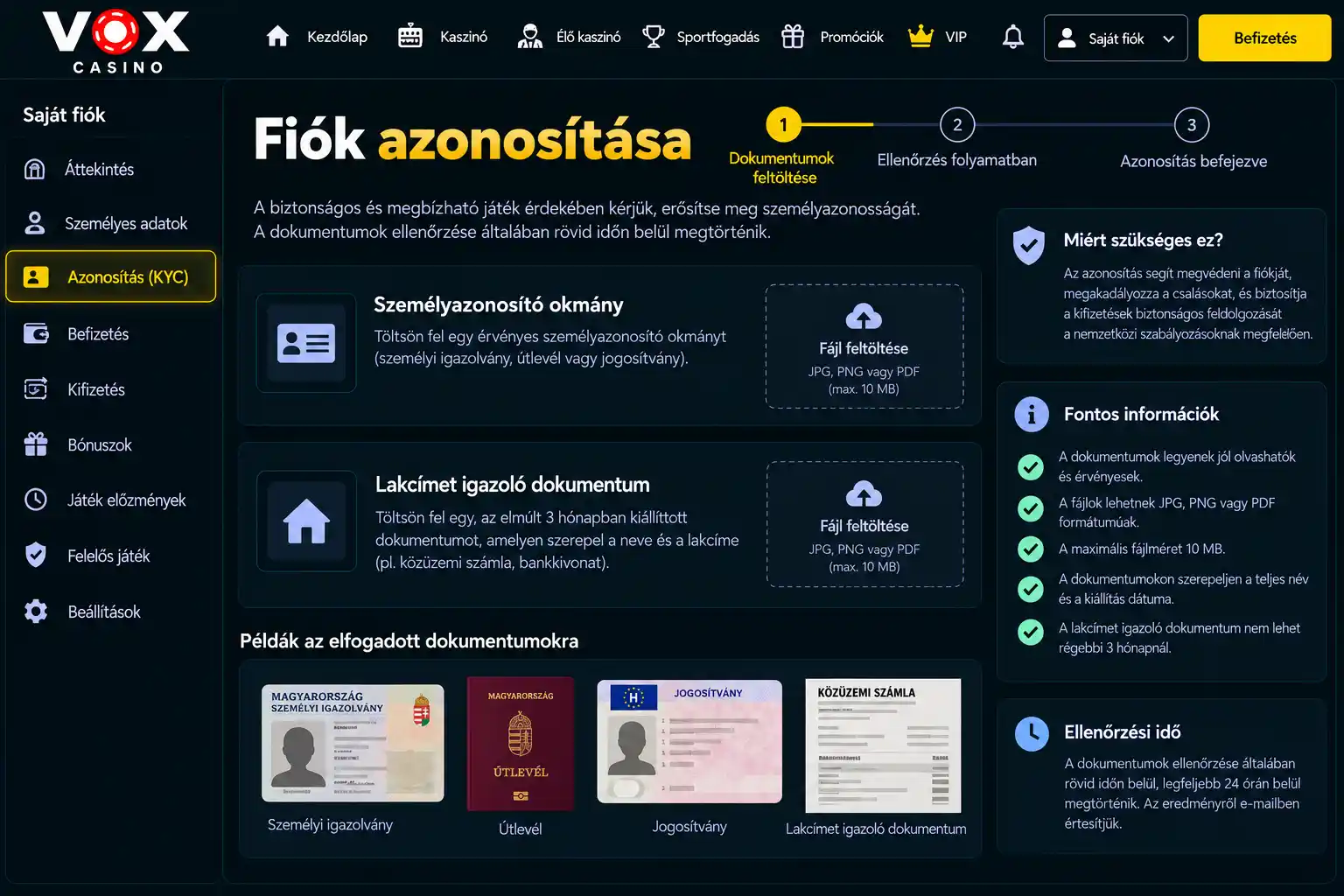 Vox Casino KYC – dokumentumfeltöltési és ellenőrzési oldal