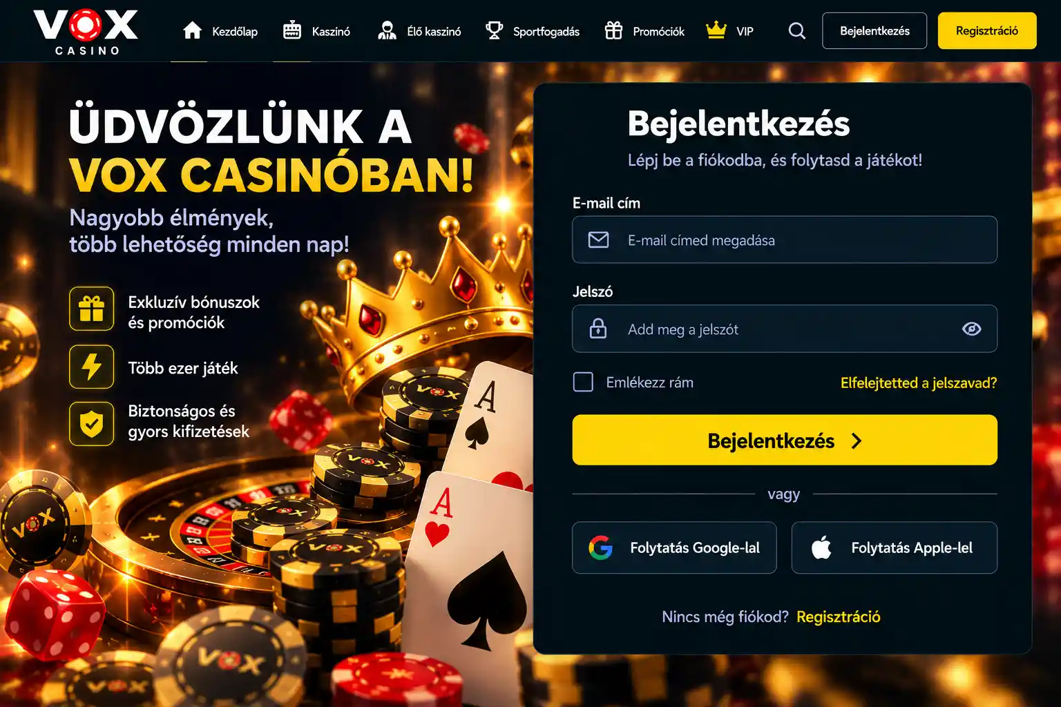 Vox Casino bejelentkezési képernyő – email és jelszó mezők